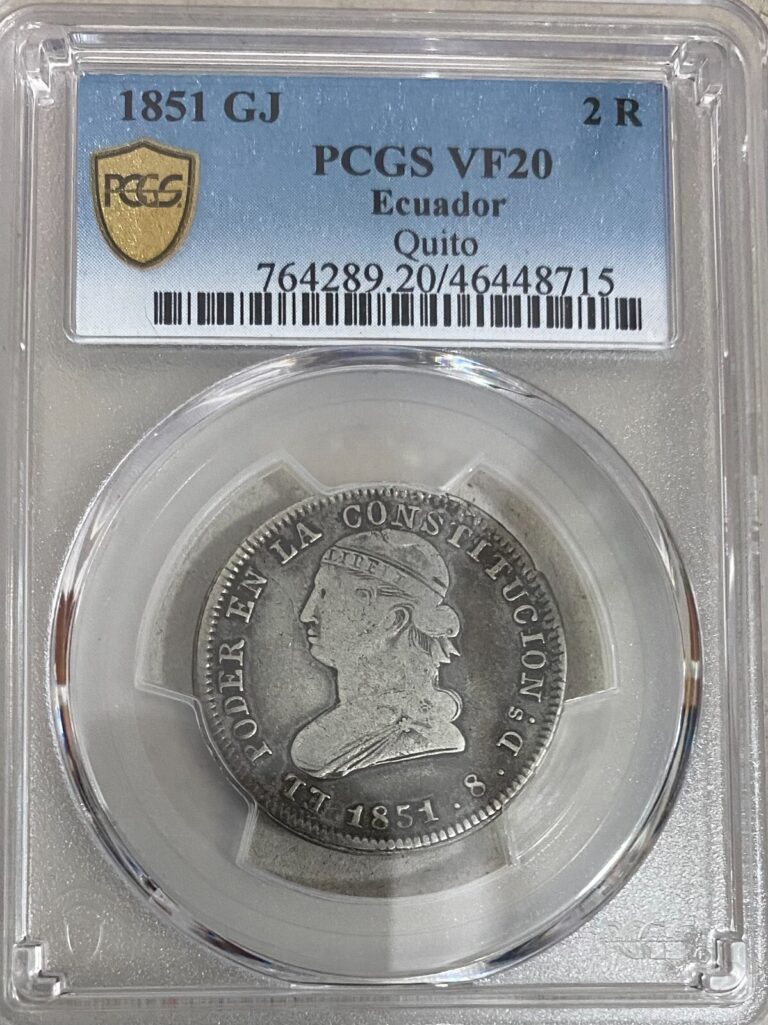 Read more about the article 1851 ECUADOR  2 REALES  1851 GJ  QUITO KM # 33 PCGS VF 20.
