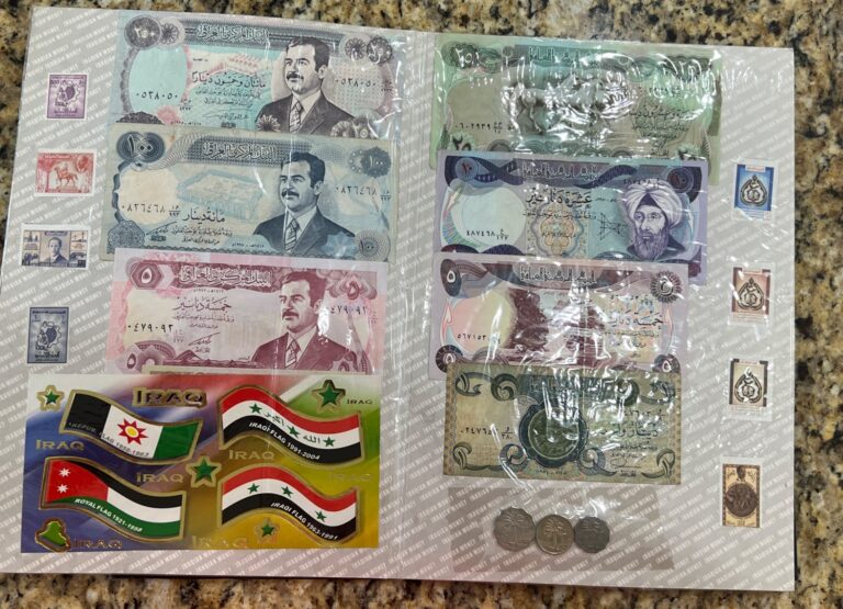 Read more about the article IRAQ Saddam Era IRAQI DINARS UNC BANKNOTES  STAMPS  COINS SET
