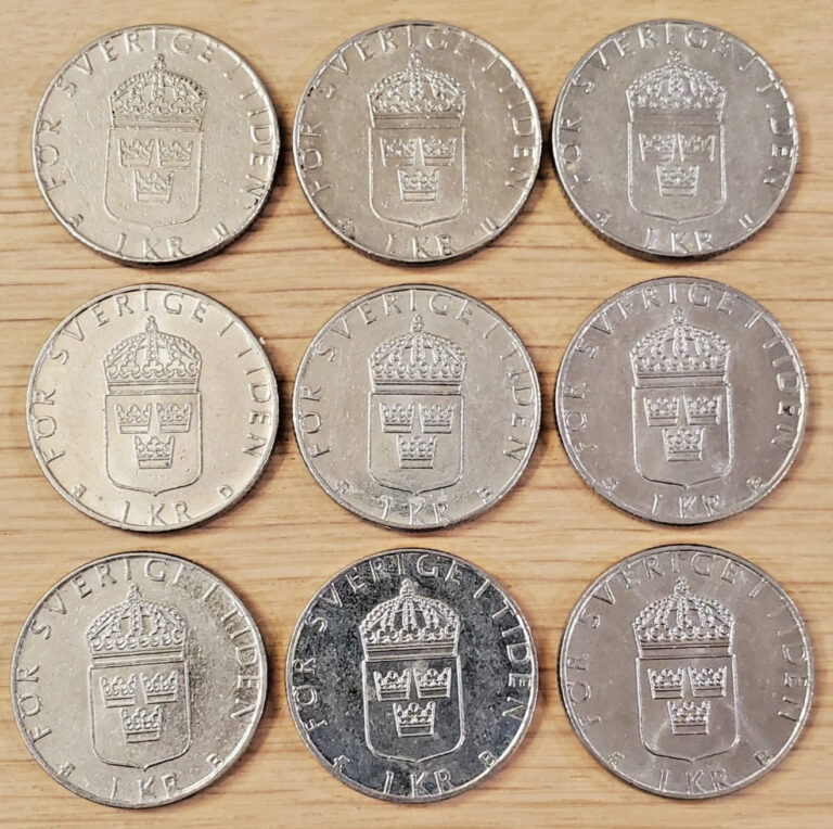 Read more about the article NINE (9) RARE Sweden 1-Krona Coins (1977 – 2000) FREE SHIPPING