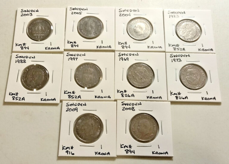 Read more about the article Sweden  Coin Lot – ( 10 Carded Coins )  All are 1 Krona Coins –  (Lot#1456)
