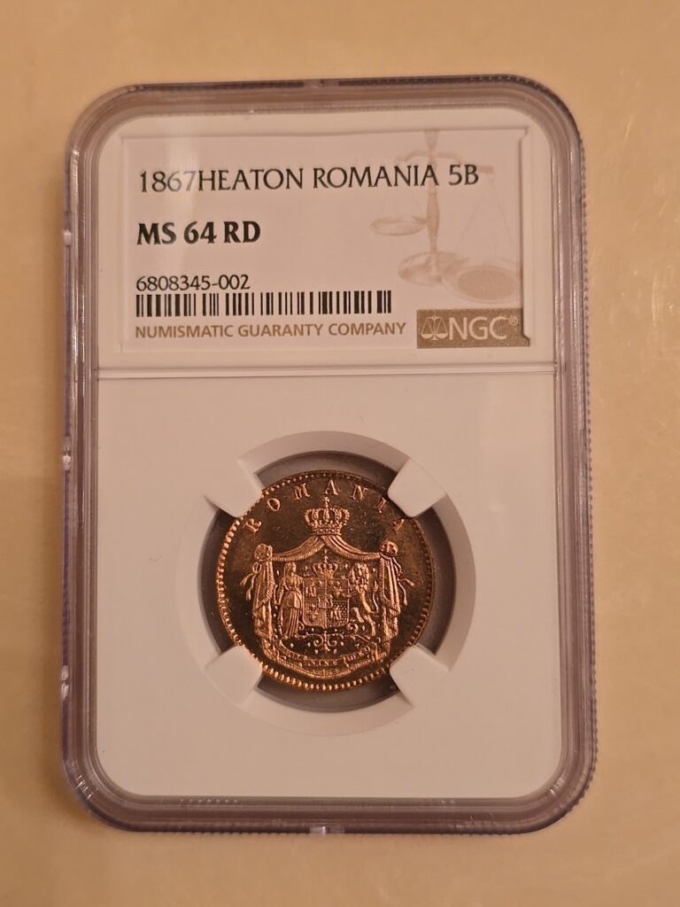 Read more about the article Romania Prince Carol I 5 Bani 1867-H Heaton Mint NGC MS64RD 64 RED (SP SPECIMEN)