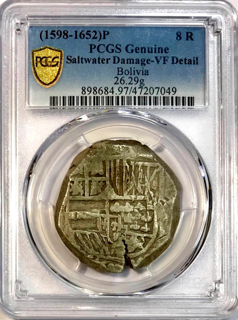 Read more about the article Old ShipwreckTreasure Silver Coin 1598-1652 P Bolivia 8 Real Cob PCGS VF Detail