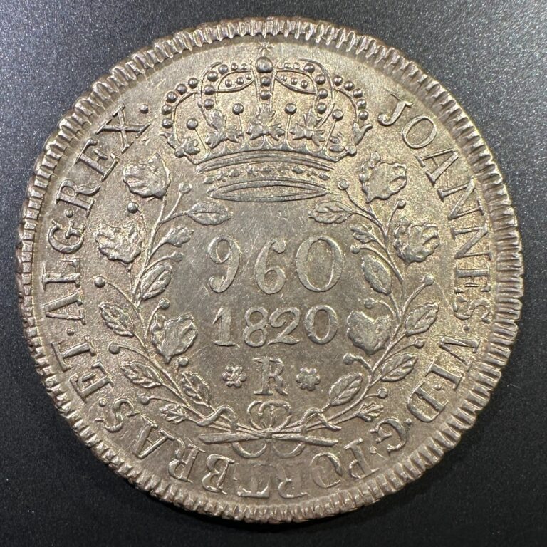 Read more about the article 1820 Rio de Janeiro Brazil 960 Reis Silver Overstruck on Chile Volcano Peso Rare