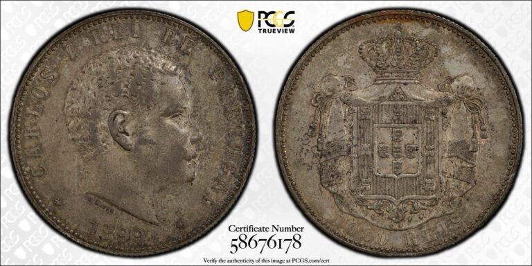 Read more about the article 1899 Portugal 1000 Reis PCGS AU50 Gomes-C1.13.01 Graded Silver Coin
