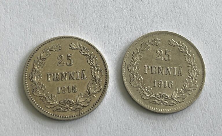 Read more about the article Two Finland 25 Pennia Silver Coins 1915 and 1916