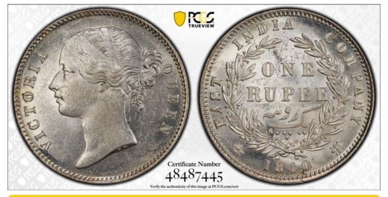 Read more about the article 1840 C INDIA ONE RUPEE SILVER COIN PCGS MS62  RANDOM PICK ONE MS62 PCGS