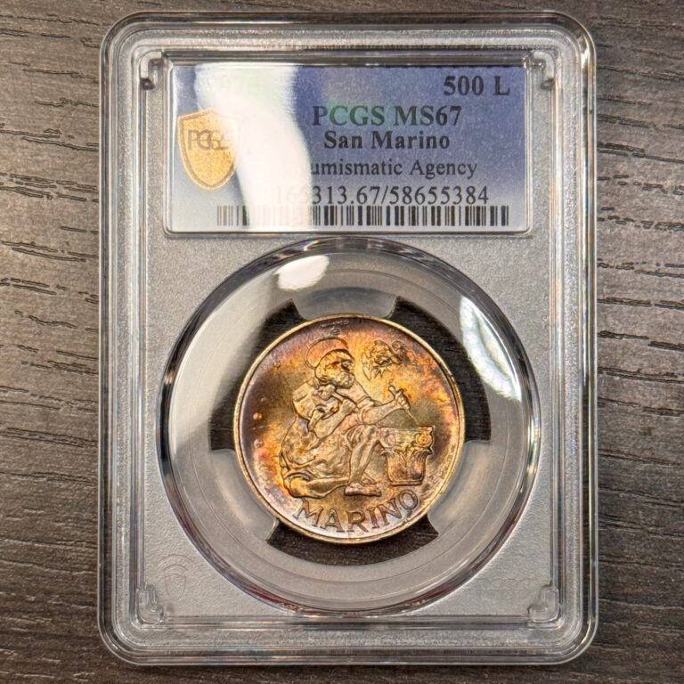 Read more about the article MS67 1975 San Marino Silver 500 Lire  PCGS Trueview- Lustrous Rainbow Toned