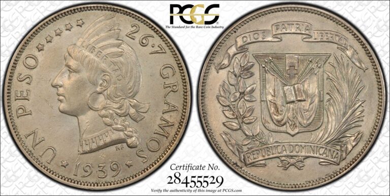 Read more about the article 1939 (P) Dominican Republic 1 Peso PCGS AU58 Silver .900 KM#22 15 000 Minted