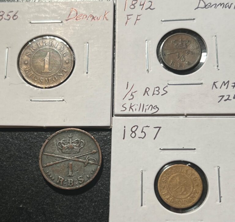 Read more about the article (4) 1842-1857 Scarce Denmark Skilling Lot. Coins Pictured are Coins Received.