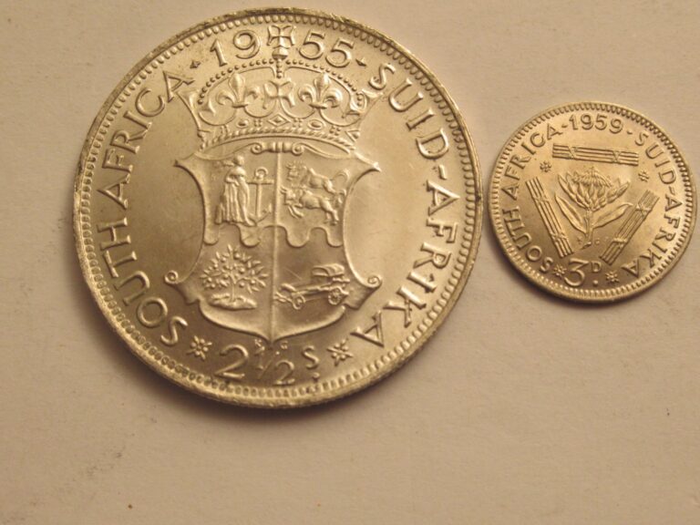 Read more about the article TWO South Africa Silver Coins  1955 2 1/2 shilling + 1959 3 pence