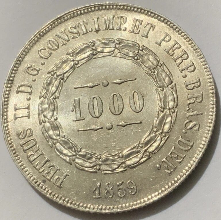 Read more about the article 1859 Brazil  1000 Reis Silver UNC Doubling