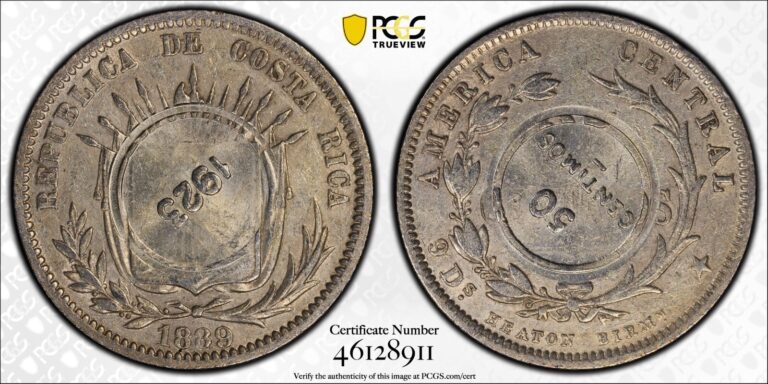 Read more about the article 1923/1889 Costa Rica 50 Centimos Countermark PCGS AU58 UNC Detail C/M       2894