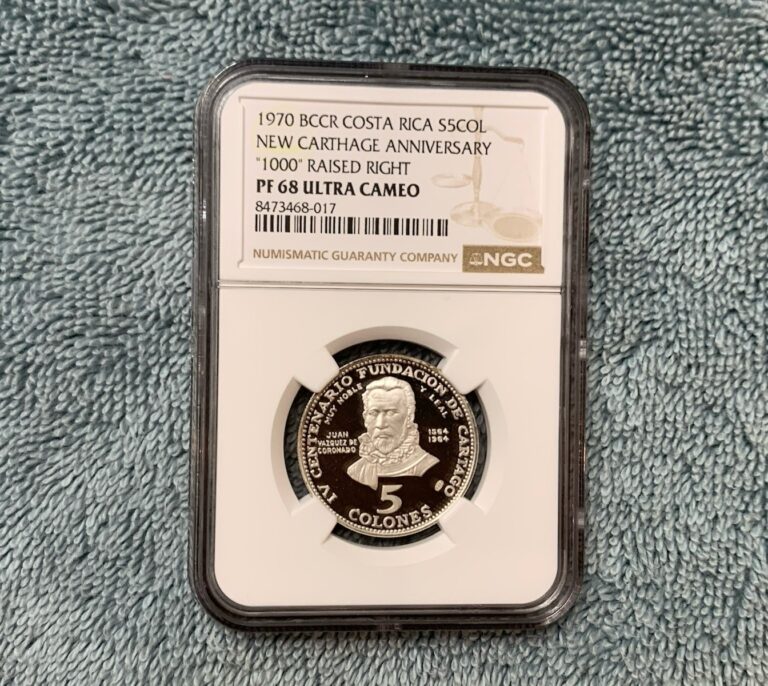 Read more about the article 1970 BCCR Costa Rica 5 Colones New Carthage Anniv .999 Silver Coin NGC PF 68 UC