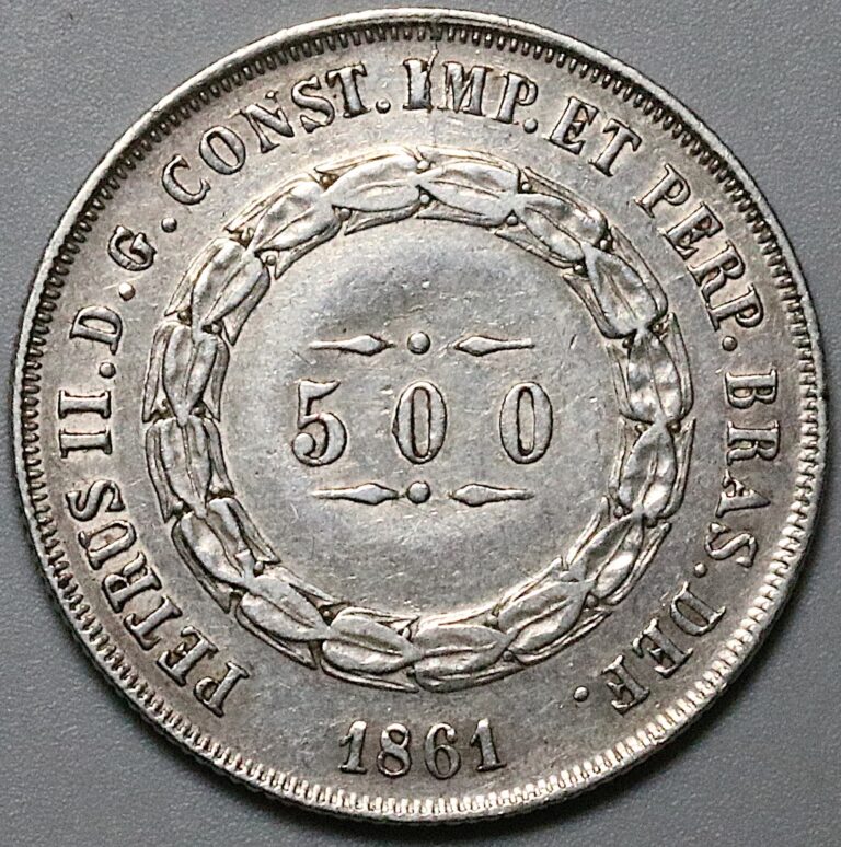 Read more about the article 1861 Brazil 500 Reis XF Emperor Pedro II Silver Coin (25021603R)
