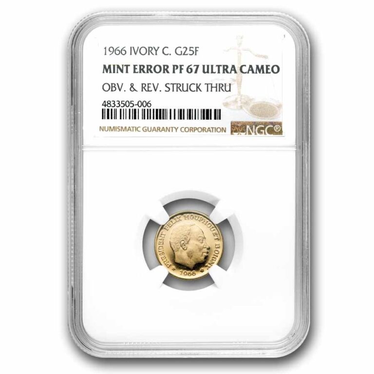 Read more about the article 1966 Ivory Coast Proof Gold 25 Francs Elephant Error PF-67 NGC