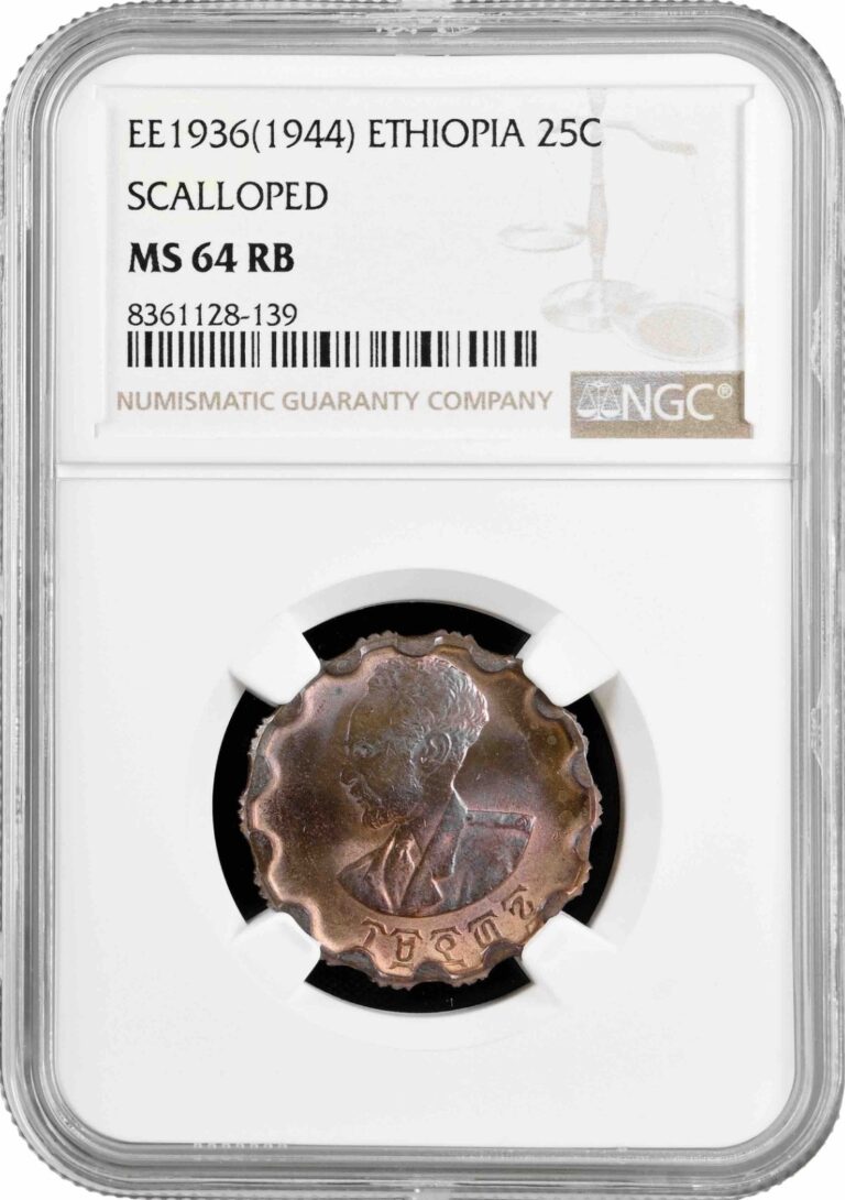 Read more about the article Ethiopia 25 santeem EE 1936 (1944)  NGC MS64 RB  “Haile Selassie I (1944-1976)”