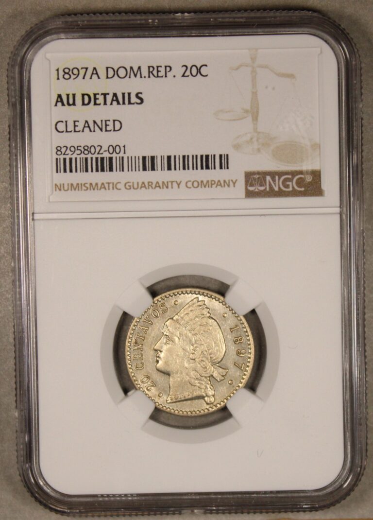 Read more about the article 1897 A Dominican Republic Silver 20 Centavos NGC AU Details Cleaned