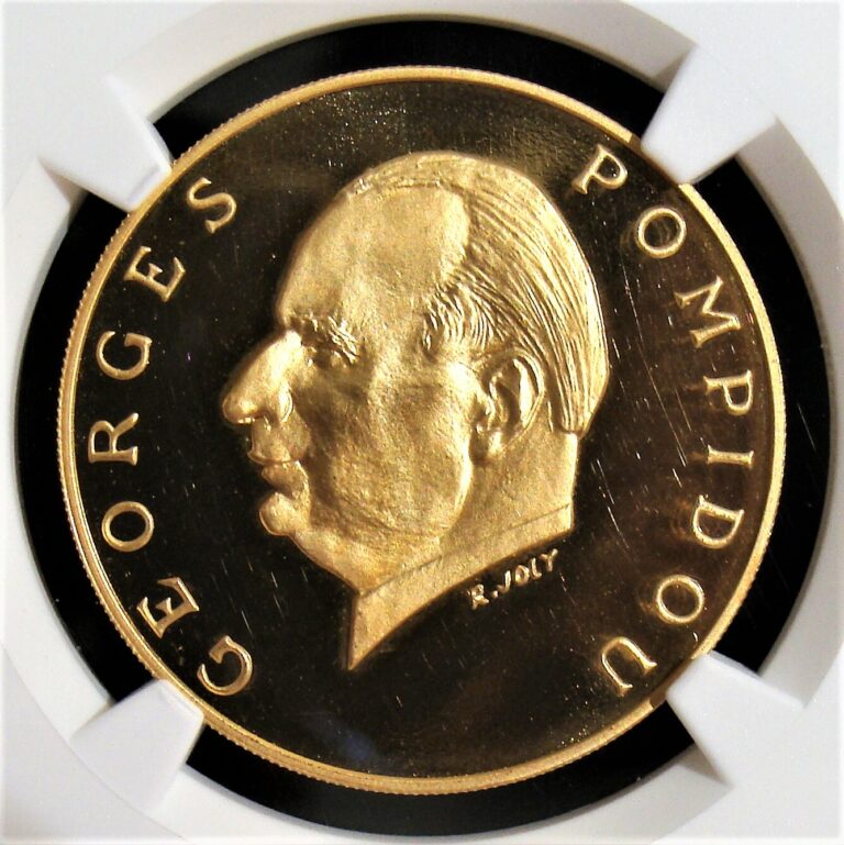 Read more about the article Gabon: gold “Visit of the French President” 5000 Francs 1971-NI PR67 UC NGC.