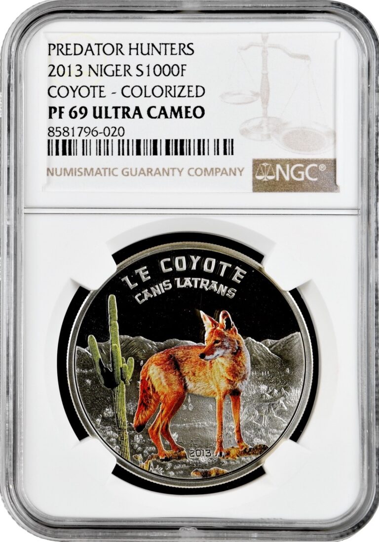 Read more about the article Niger 1000 francs 2013  NGC PF69 UC  “Predators – Coyote” colorized silver coin