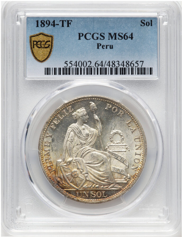 Read more about the article Gem! 1894 Peru Silver 1 Sol TF PCGS MS 64  Great Toning  Patina!