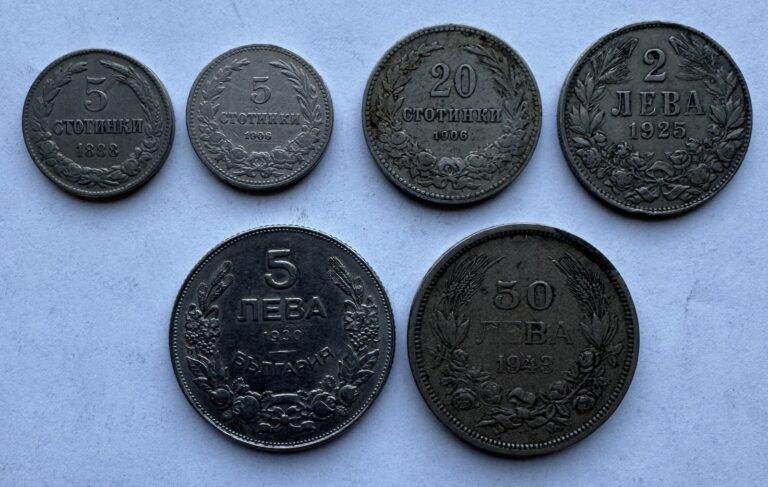 Read more about the article 6 PC BULGARIA COIN LOT (2)5 STOTINKI 20 STOTINKI 2 LEVA 5 LEVA 50 LEVA 1888-1943