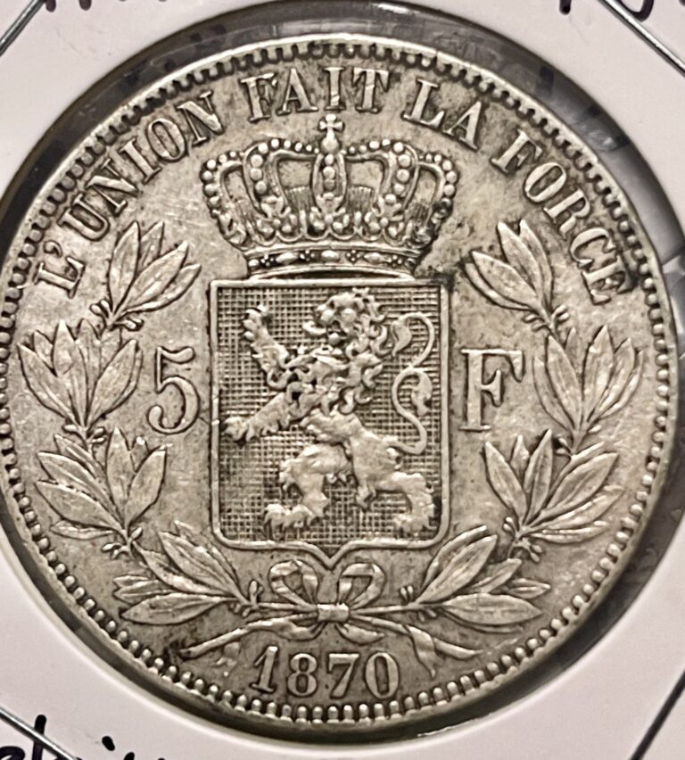 Read more about the article BELGIUM –  Leopold II – 5 Francs – 1870 – Km-24 – .900 Silver