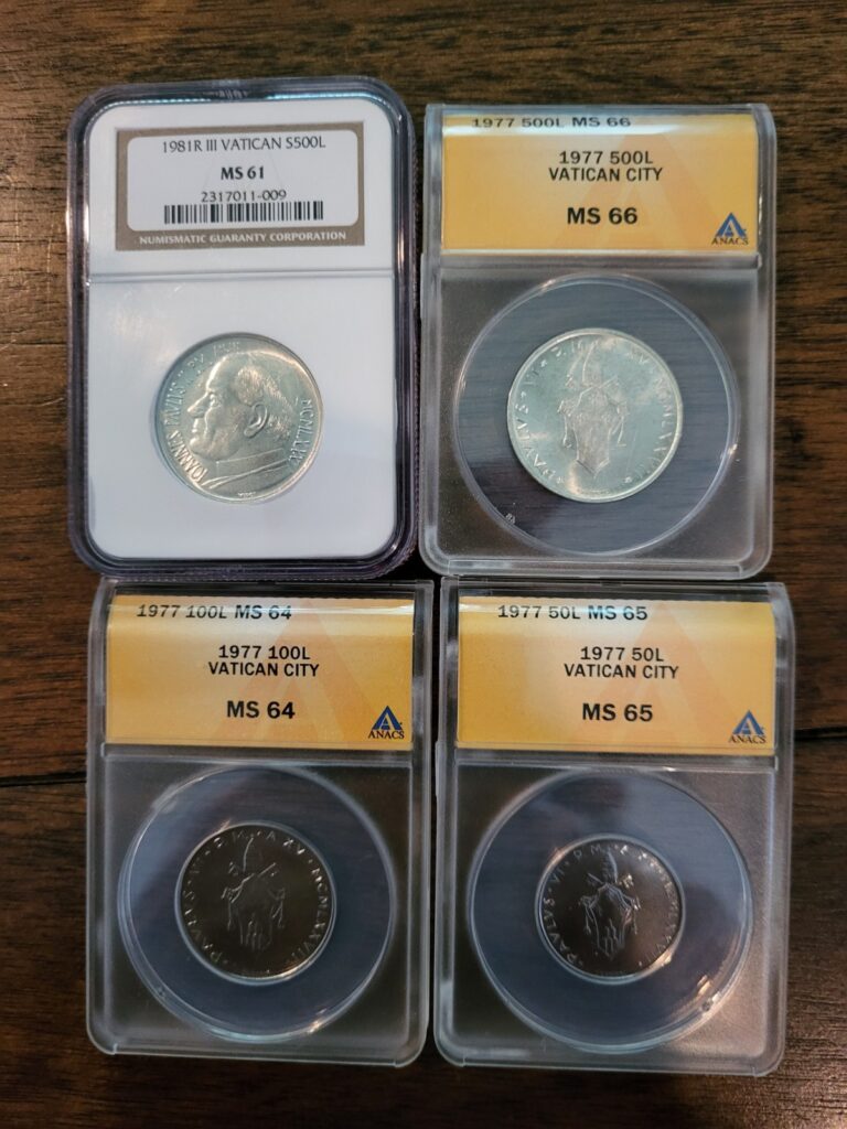 Read more about the article 1977 – 500  100 and 50L VATICAN CITY SILVER COINS and 1981 R SILVER VATICAN 500L