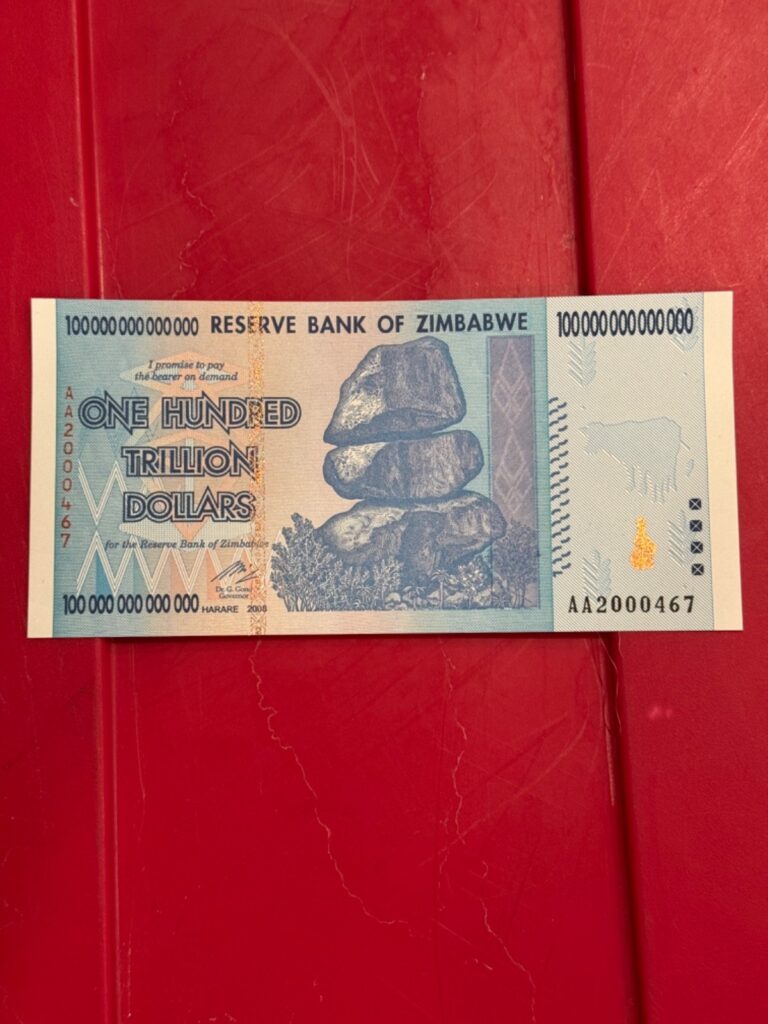 Read more about the article Authentic Zimbabwe 100 Trillion Dollars  CIRCULATED Currency  AA/2008  P-91  UV+