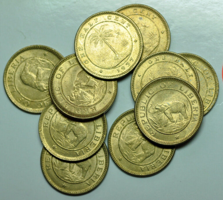 Read more about the article @mw6111 Liberia 10 Coins – 1/2 Cent 1937 African Elephant/Palm Tree  KM#10  UNC