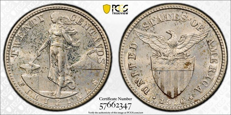 Read more about the article 1920 U.S. Philippines 20 Centavos PCGS MS63 Lot#G879 Silver! Choice UNC!