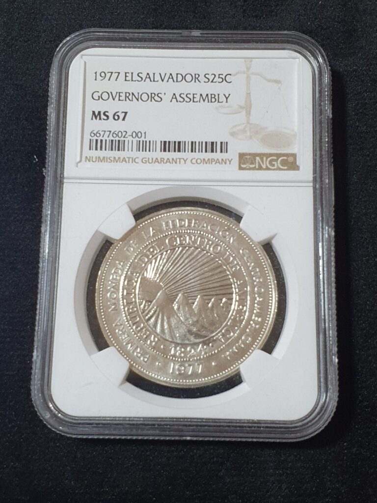 Read more about the article EL SALVADOR GOVERNORS’ ASSEMBLY SILVER 1977 NGC MS 67 25 COLONES