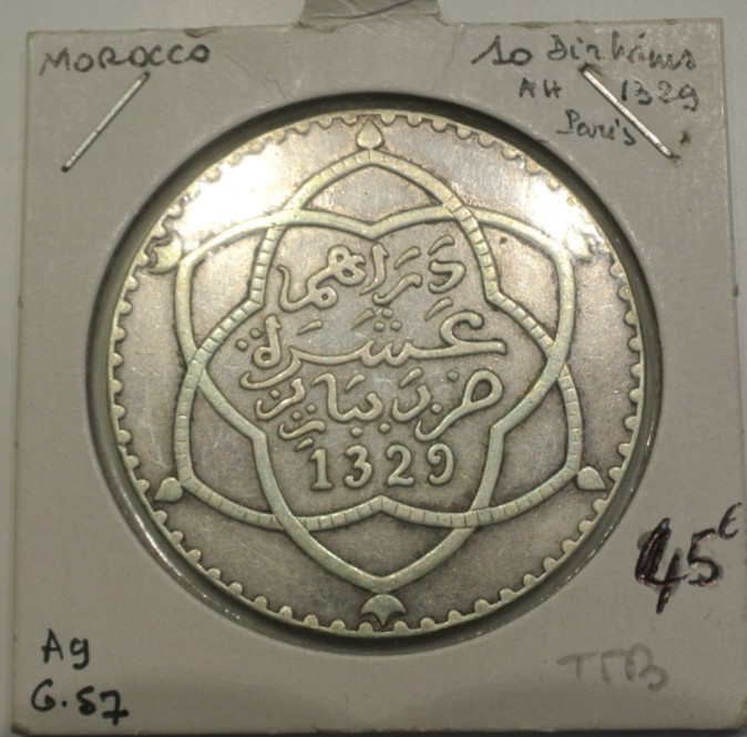 Read more about the article MAROC  10 DIRHAMS 1329 SILVER COIN  QUALITE