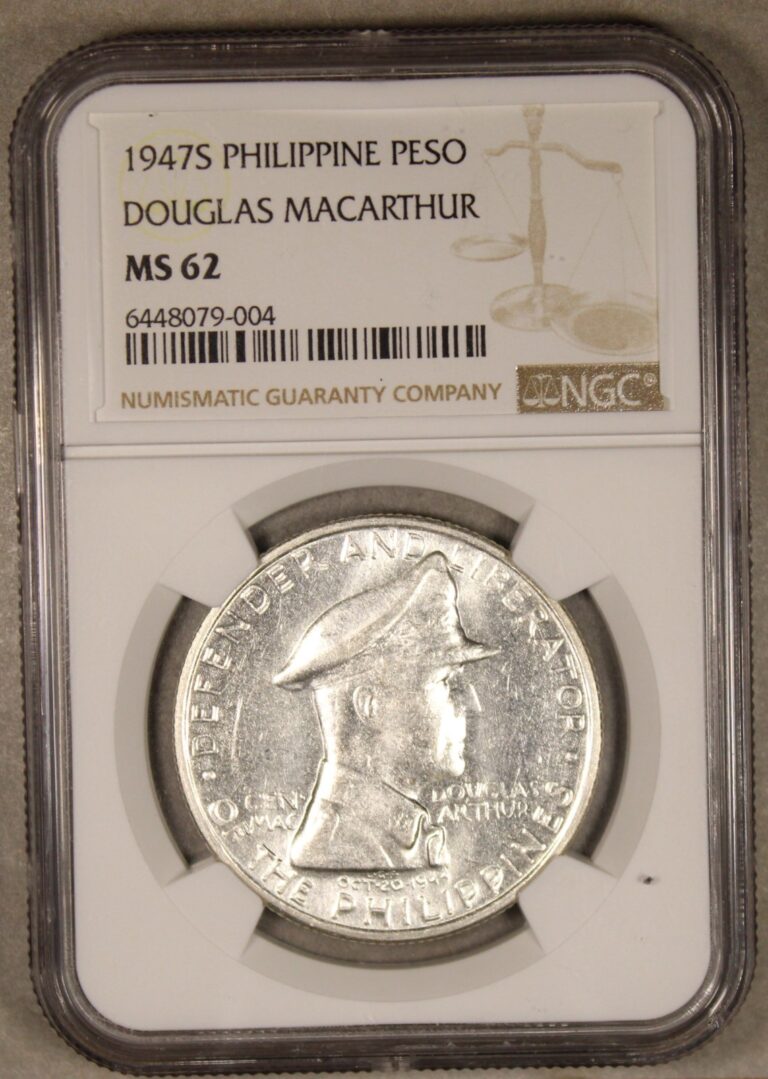 Read more about the article 1947 S Philippines Silver MacArthur Peso NGC MS62