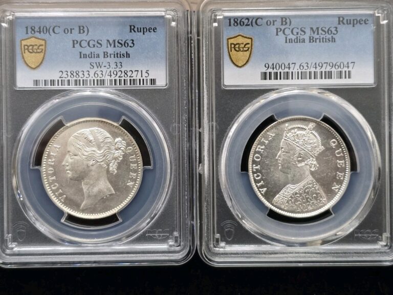 Read more about the article 1862 M BRITISH INDIA SILVER RUPEE QUEEN VICTORIA and 1840 PCGS MS63 LOT OF 2