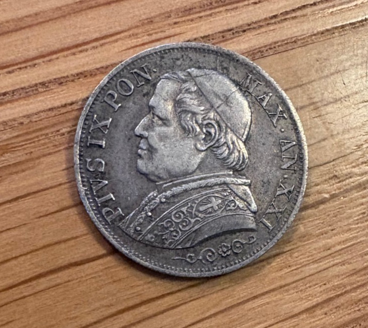 Read more about the article 1867 R Vatican City Papal States Lira – Pope Pius IX .835 Silver Coin