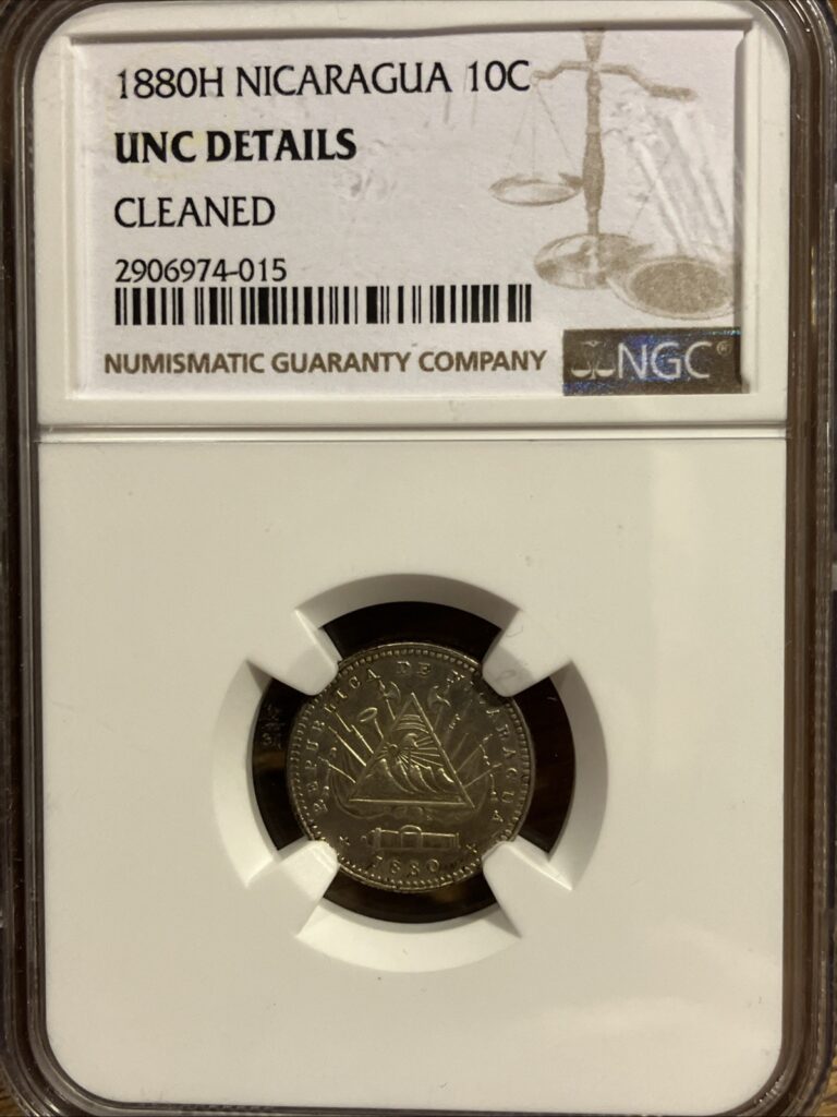 Read more about the article NICARAGUA – 1880 H (HEATON MINT) SILVER 10 CENTAVOS – NGC UNC DETAILS – KM#3