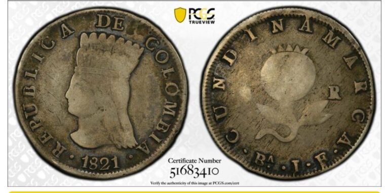 Read more about the article COLOMBIA. Cundinamarca. 8 Reales  1821-JF. Bogota Mint. PCGS F12.