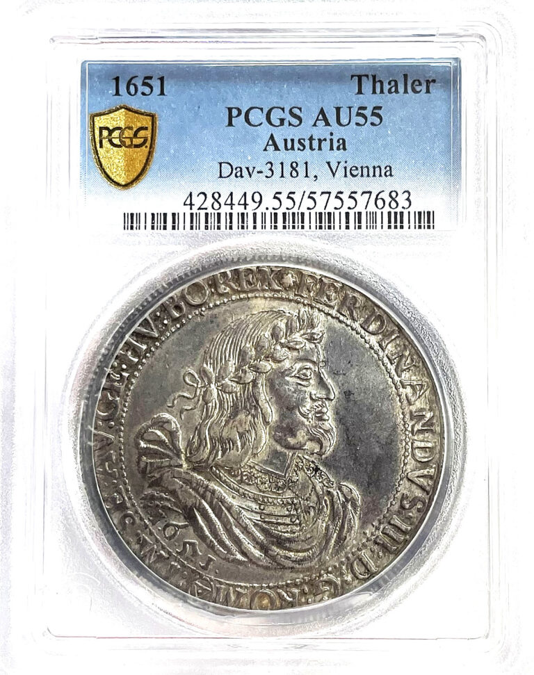 Read more about the article 1651 SILVER AUSTRIA FERDINAND III THALER VIENNA COIN PCGS ABOUT UNC 55