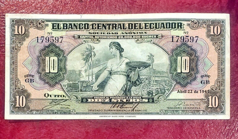 Read more about the article ECUADOR ~10 SUCRES 1941 ~ P-92a ~ SCARCE TYPE ~ CHOICE FRESH EXTREMELY FINE NOTE