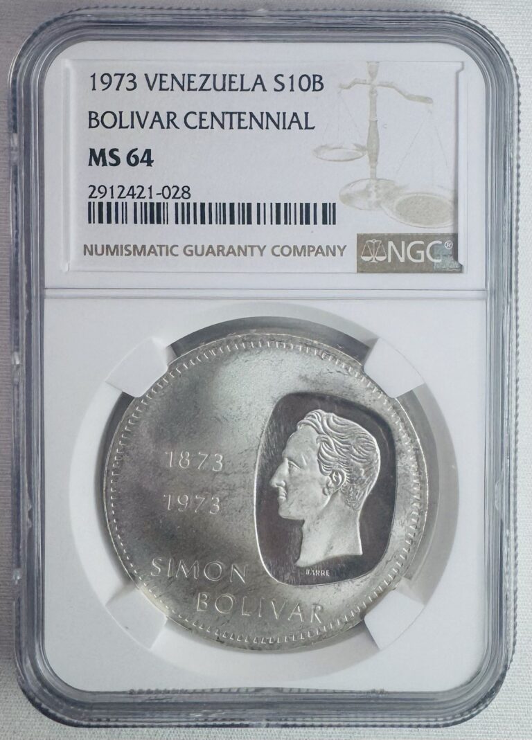 Read more about the article 1973 Venezuela 10 Bolivares Silver Bolivar Centennial S10B NGC MS64