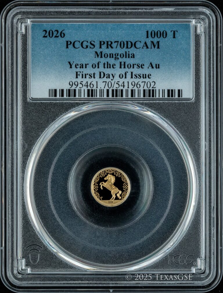 Read more about the article 2026 Mongolia Gold 1000tog 0.5g Year of the Horse PCGS PR70 First Day of Issue