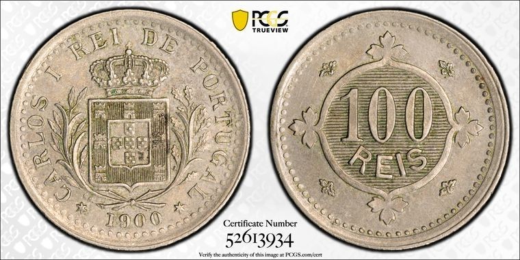Read more about the article 1900 Portugal 100 Reis PCGS AU58 Lot#G926