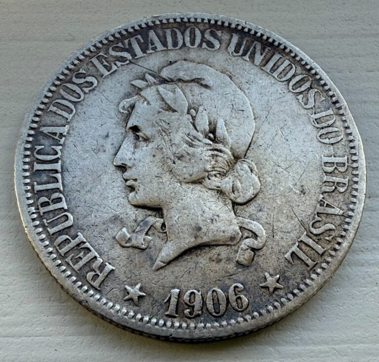 Read more about the article 1906 Brazil 1000 Reis SILVER Coin ~ (F) Fine Condition ~ Low Mintage