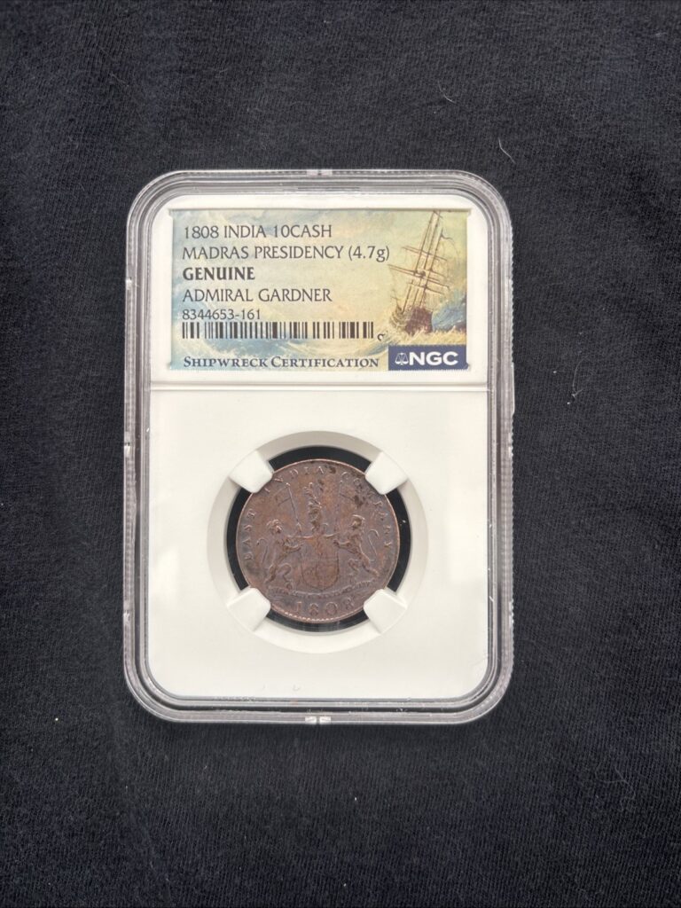 Read more about the article 1808 India 10 Cash Madras Presidency Genuine Admiral Gardner Shipwreck Coin NGC