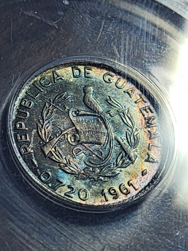 Read more about the article 1961 Guatemala 10 Centavos ANACS MS 64 Mint State BU RAINBOW TONED