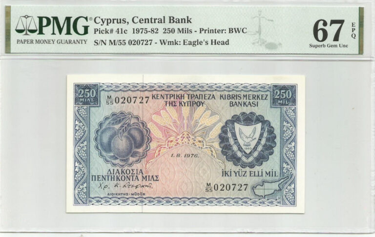 Read more about the article CYPRUS 250 Mils 1976 in 67EPQ by PMG  Great Note in UNC