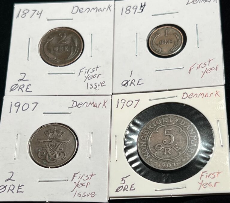 Read more about the article (4) 1874-1907 Denmark First Year Issue 1 2 and 5 ORE World Foreign Coin Lot.