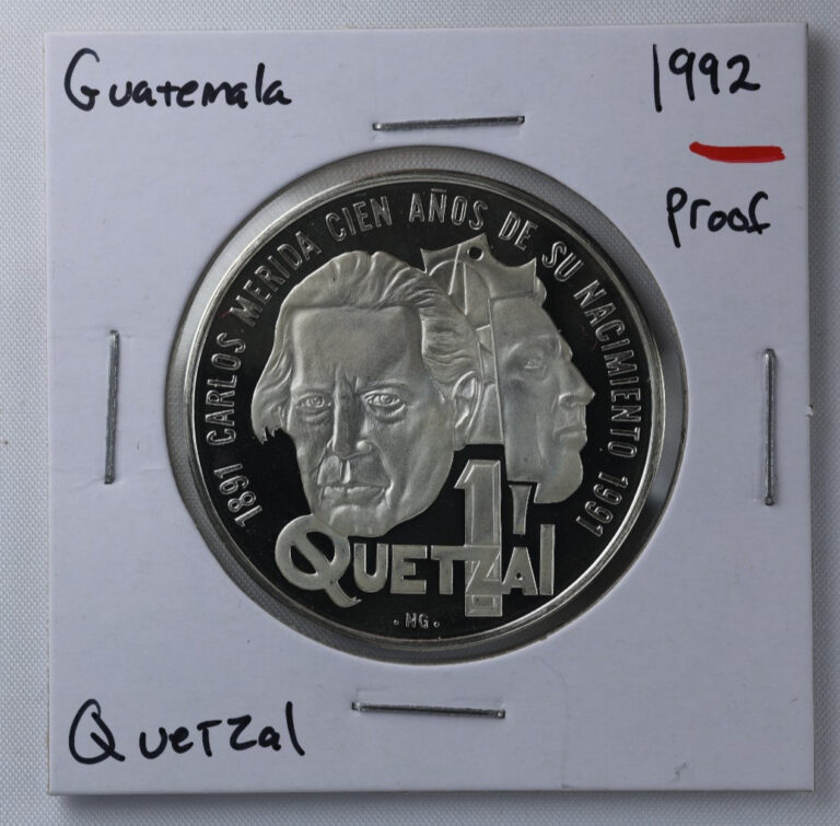 Read more about the article 1992 GUATEMALA 1 QUETZAL CARLOS MERIDA 100TH ANNIV SILVER PROOF WORLD COIN