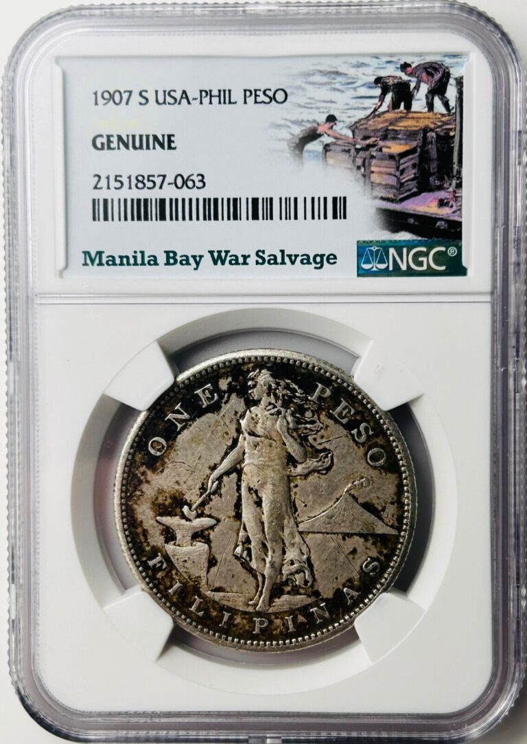 Read more about the article 1907 S US Philippines Silver Peso NGC Genuine War Salvage See full Description