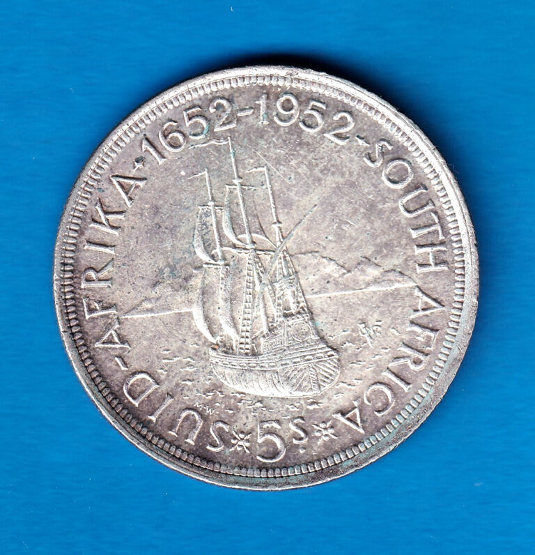 Read more about the article 1952 South Africa 5 Shillings (KM-41) .4546 ASW Silver!!! [Founding of Captown]